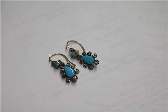 A pair of Victorian yellow metal, turquoise and diamond set pear shaped drop earrings, 20mm.